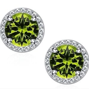 August 18k White Gold Peridot Birthstone Diamond Halo Stud Earrings S925 Gem